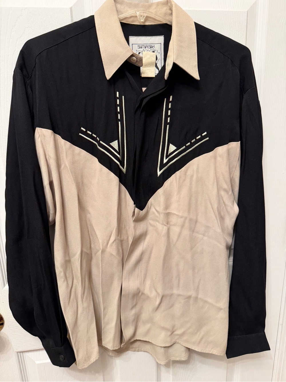 Smash Western-Inspired Button Shirt in Black and Beige size Small Embroidered